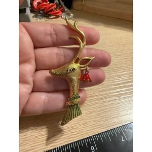 Vintage MYLU Gold Tone Reindeer Brooch Pin with Red Bell Holiday Christmas Rare